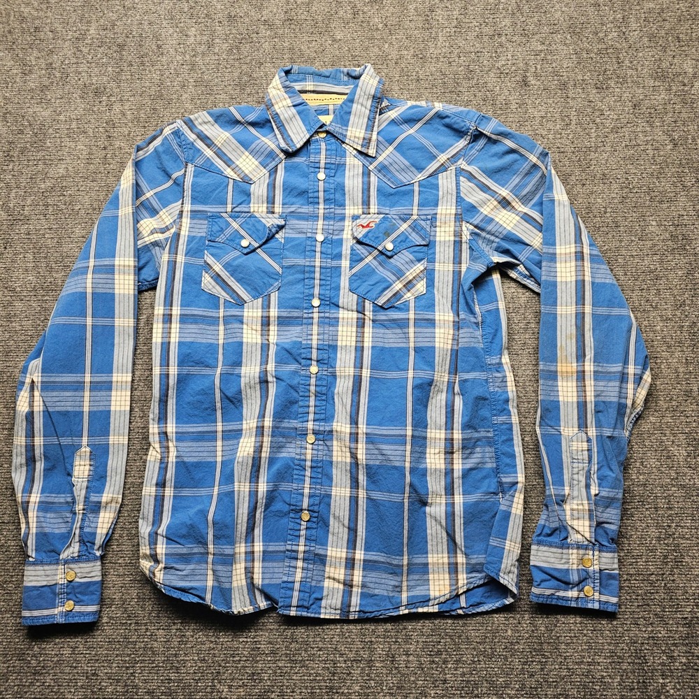 Hollister Mens Blue Plaid Western Pearl Snap Shirt Long Sleeve Small Cotton